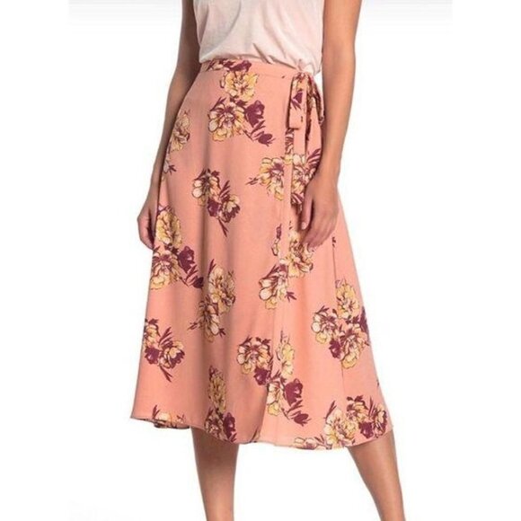 NWT Faux Wrap Midi Skirt Pink Paintbrush Floral Small - Picture 1 of 4